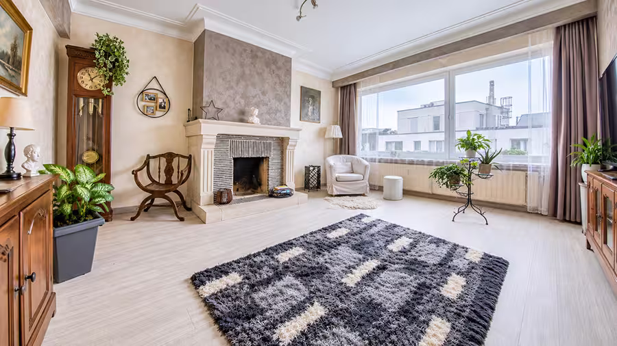 Salon photographié au grand-angle avec cheminée, tapis et grande baie vitrée