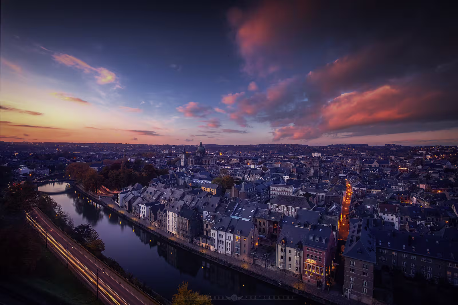 Namur au coucher du soleil, vue depuis la Citadelle